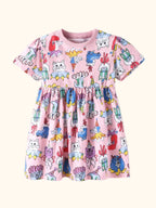 Pink kids cartoon animal print short sleeve dress with gathered skirt, front view