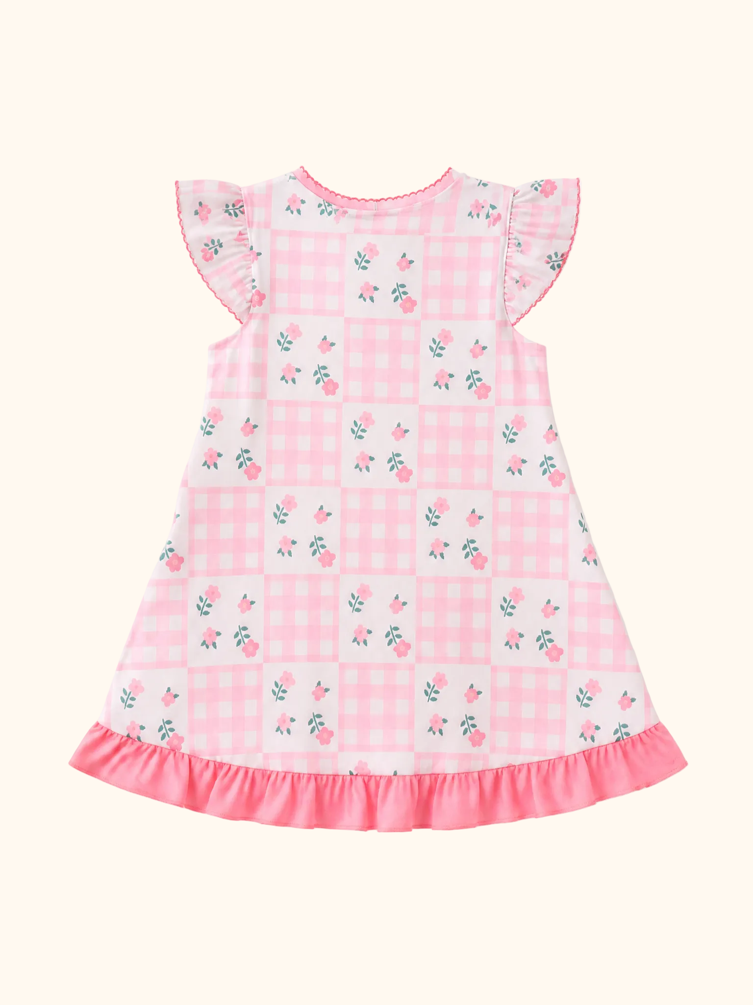 Kids Pink Floral Gingham Ruffle Dress
