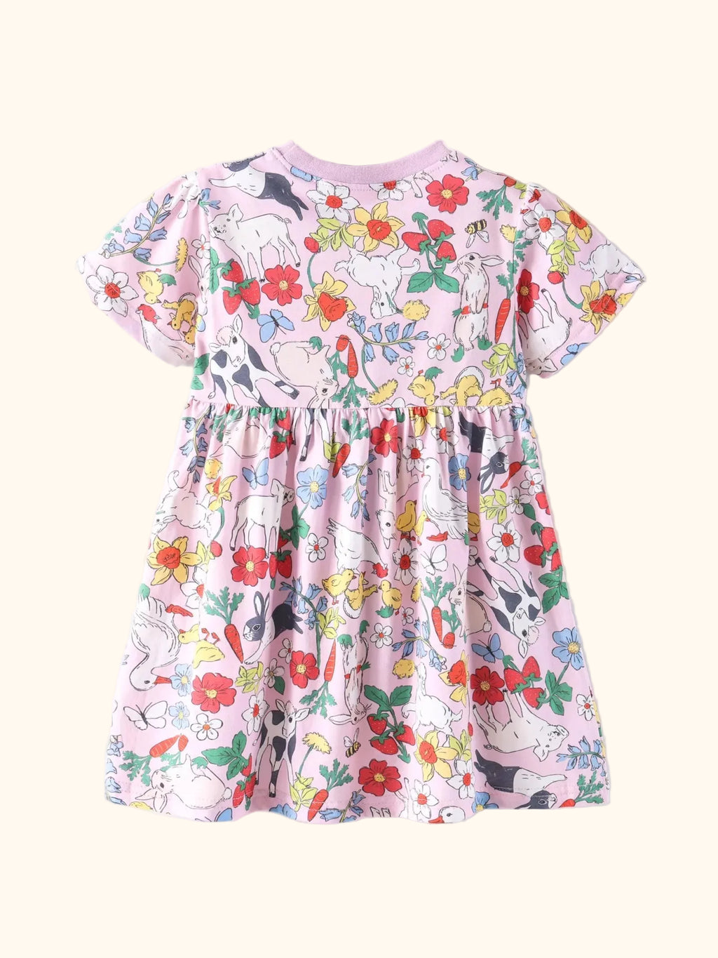 Pink kids garden animal print dress with gathered waist and full skirt, back product view