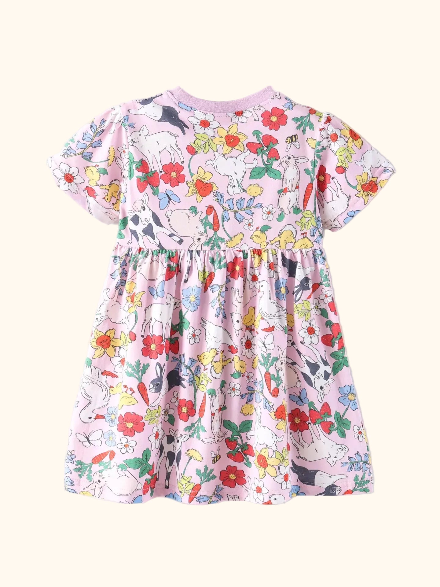Pink kids garden animal print dress with gathered waist and full skirt, back product view