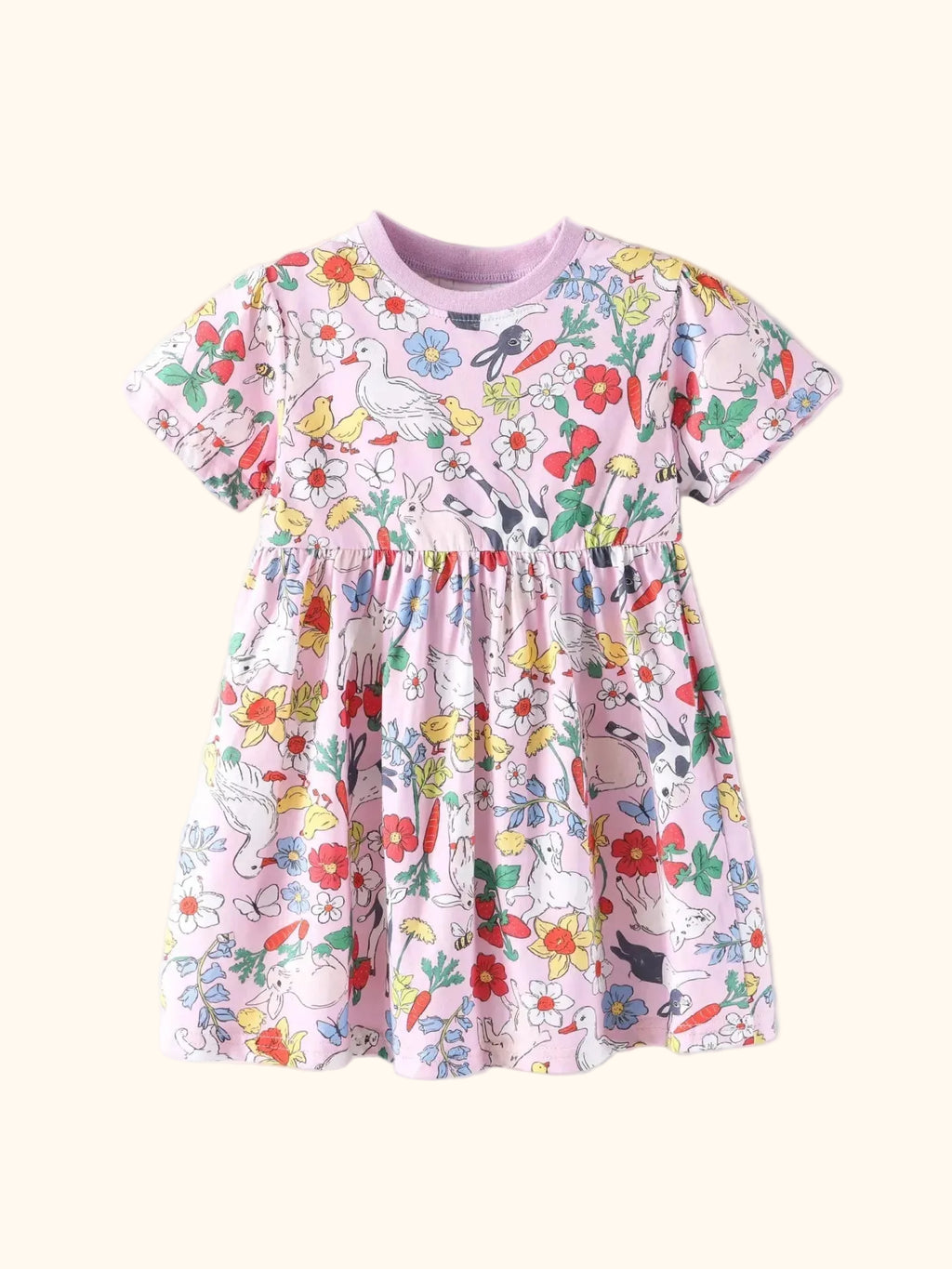 Pink kids garden animal print dress with rabbits, birds, flowers and gathered skirt, front product view