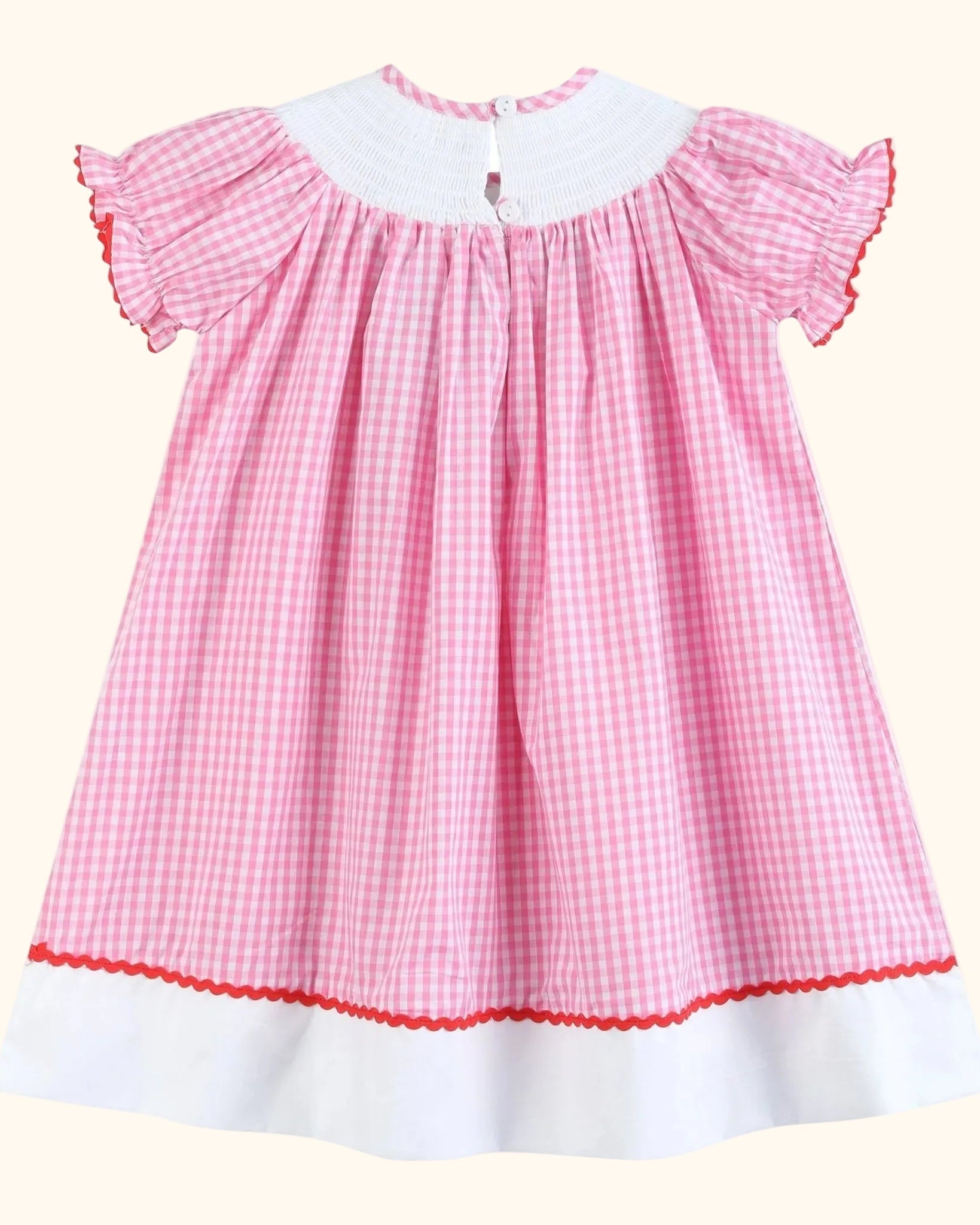 Pink gingham ABC school bishop dress with gathered back silhouette, back view