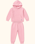 Pink Peony hooded top with kangaroo pocket and matching kids jogger pants, flat lay front view