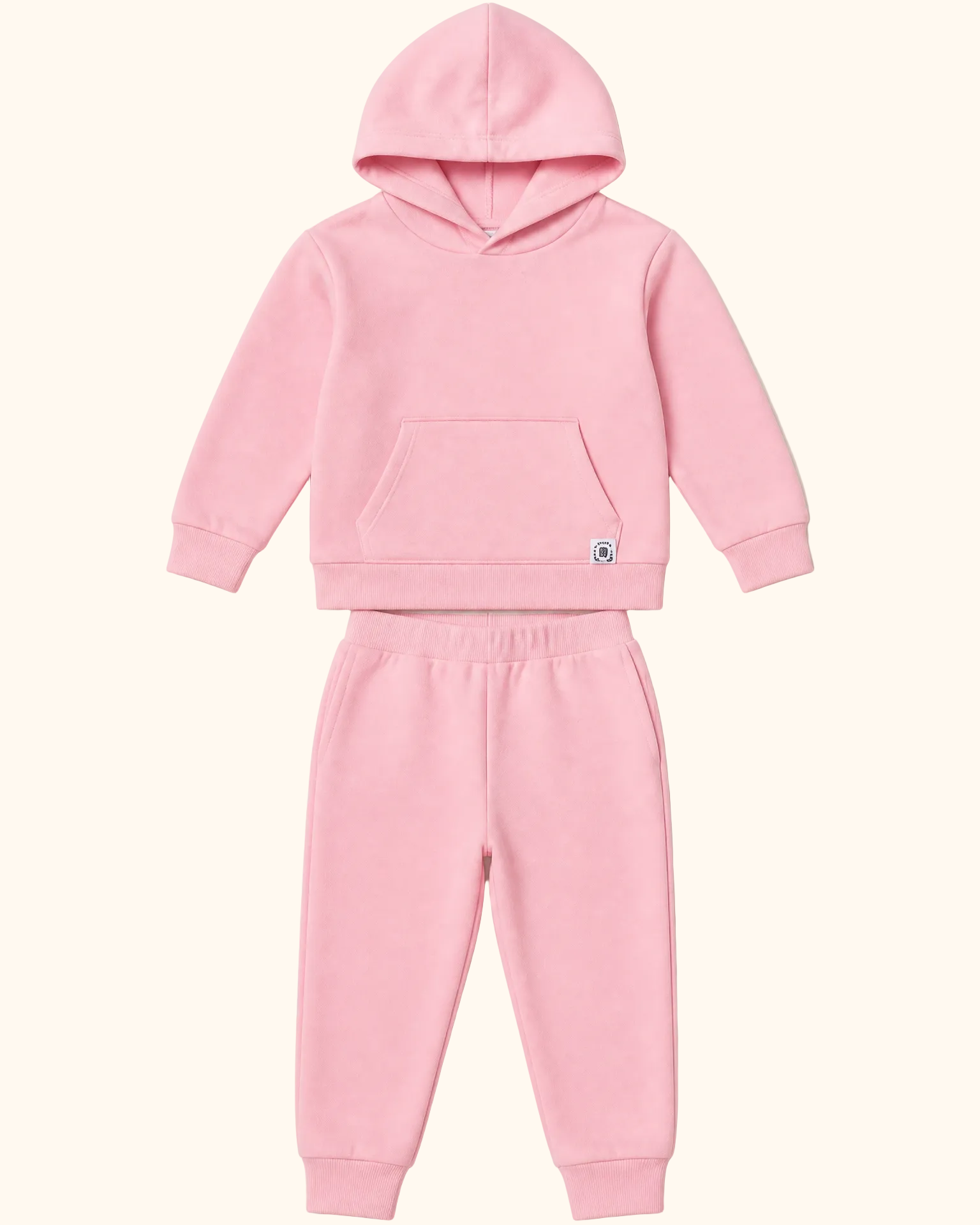 Pink Peony hooded top with kangaroo pocket and matching kids jogger pants, flat lay front view