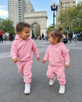 Pink Peony kids hooded pocket jogger set with matching pants, outdoor lifestyle view