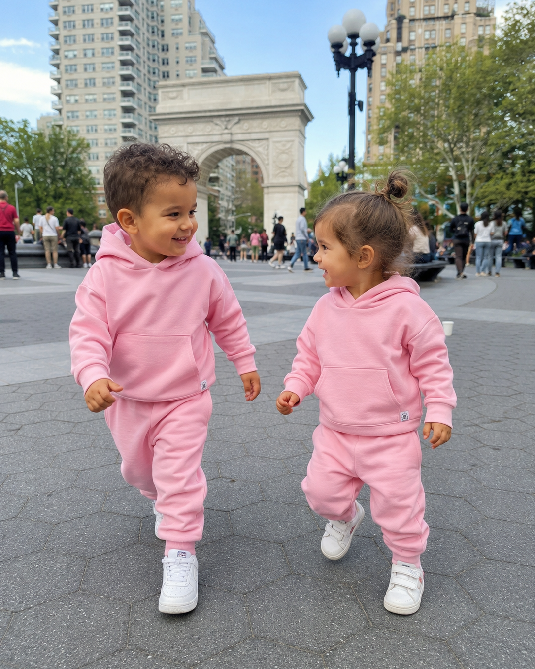Pink Peony kids hooded pocket jogger set with matching pants, outdoor lifestyle view