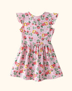Pink kids strawberry and bunny print dress with gathered skirt, back product view