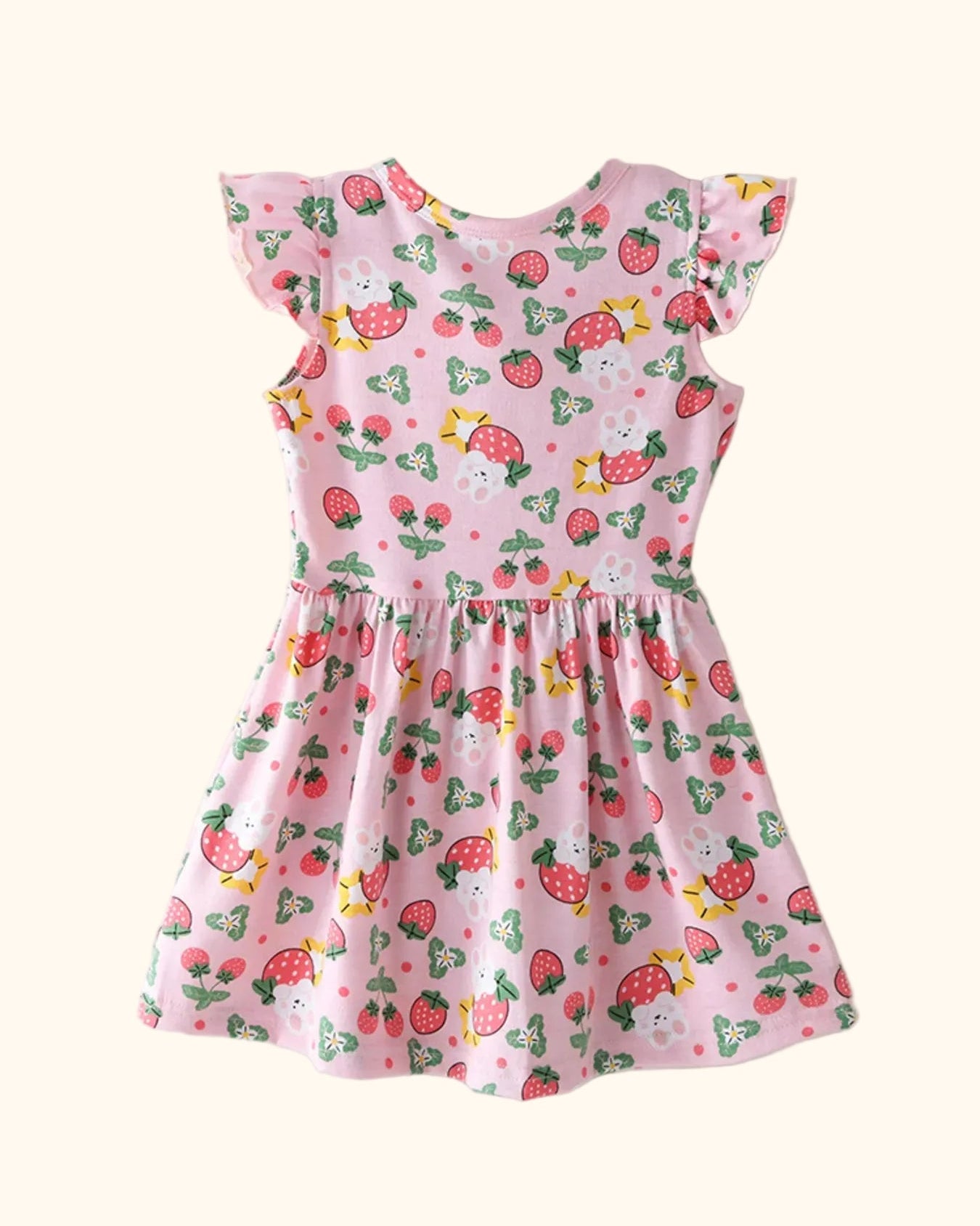 Pink kids strawberry and bunny print dress with gathered skirt, back product view