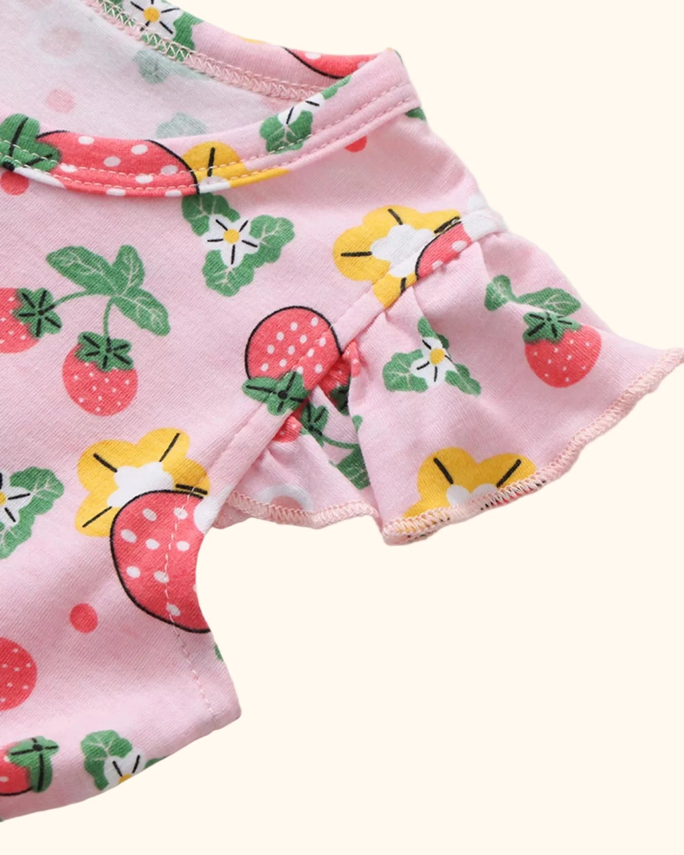 Pink kids strawberry print dress with flutter ruffle sleeve and round neckline, sleeve close-up