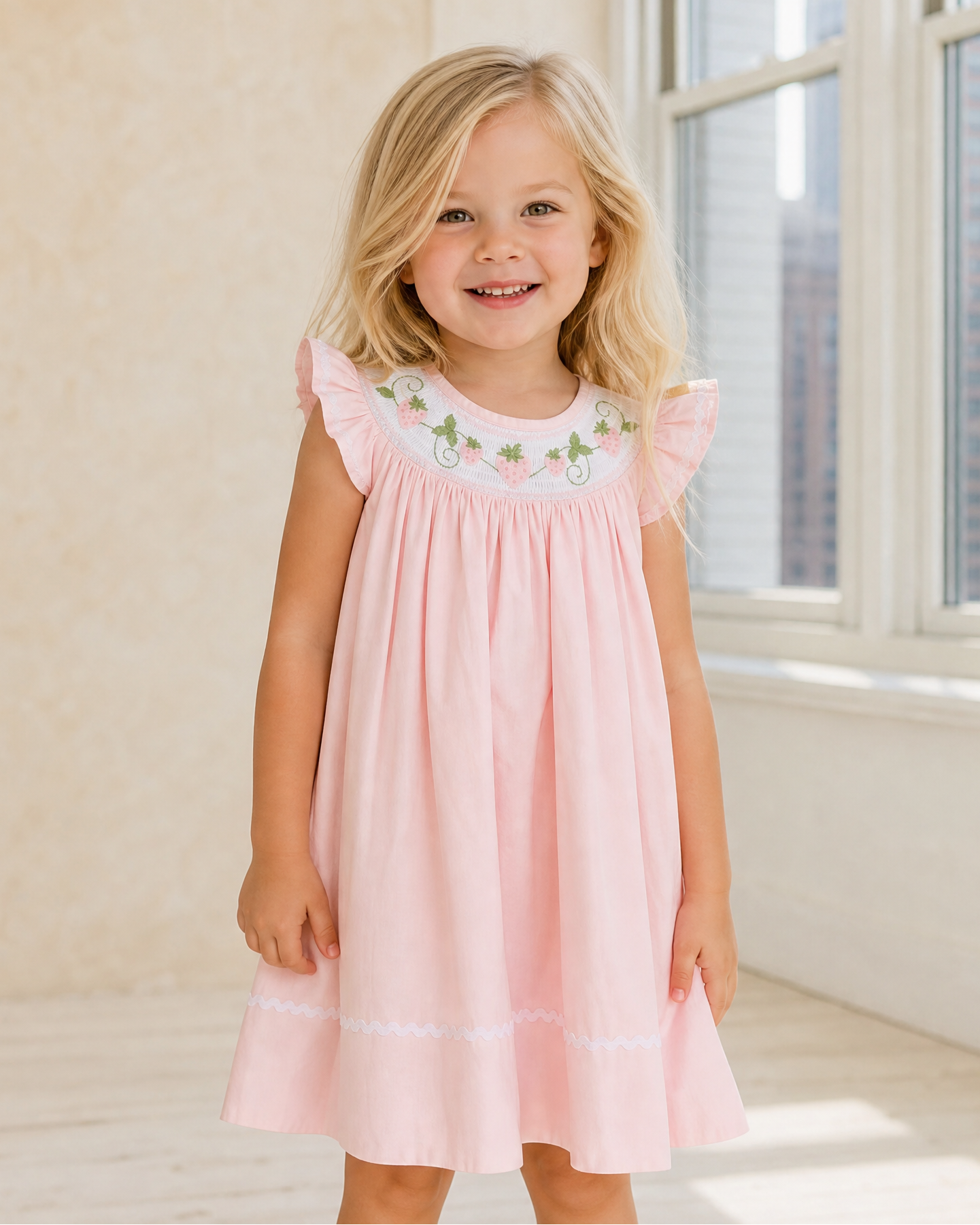 Pink kids strawberry vine smocked bishop dress with ruffle sleeves, modeled front view