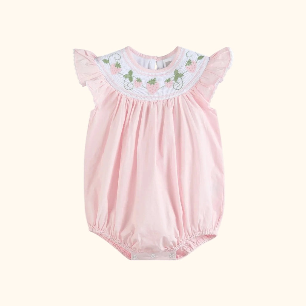 Pink baby strawberry vine smocked romper with flutter sleeves and snap closure, front product view