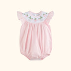 Pink baby strawberry vine smocked romper with flutter sleeves and snap closure, front product view