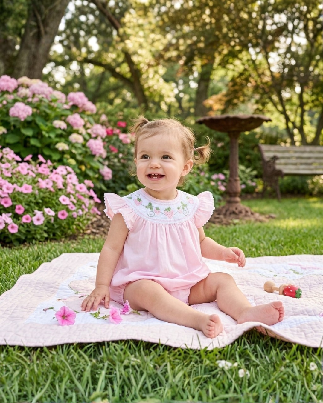 Pink baby strawberry vine smocked romper with flutter sleeves, modeled seated front view
