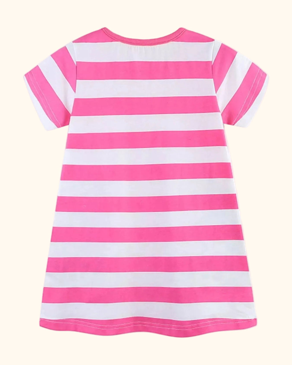 Pink and white striped kids short sleeve dress, back product view