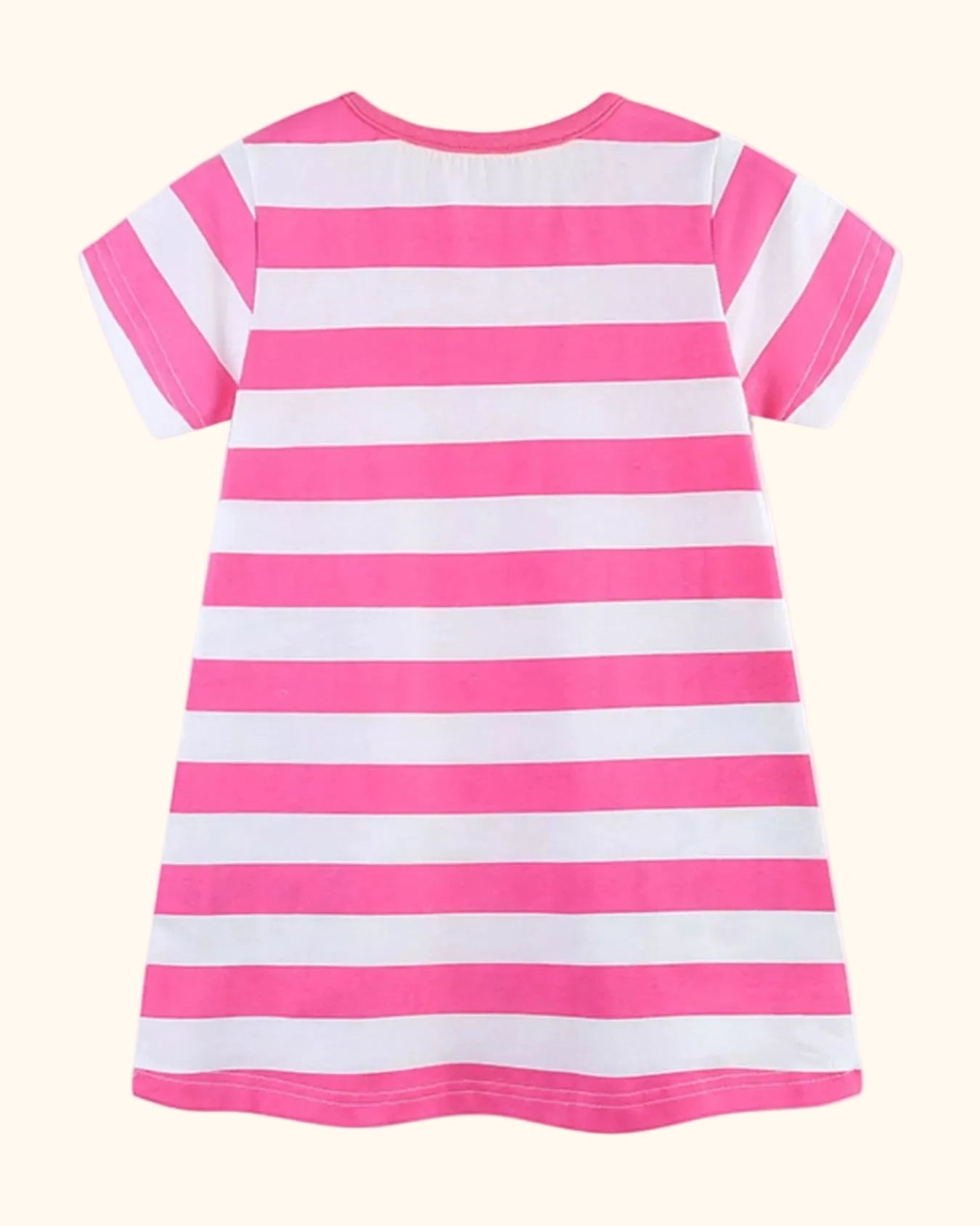 Pink and white striped kids short sleeve dress, back product view
