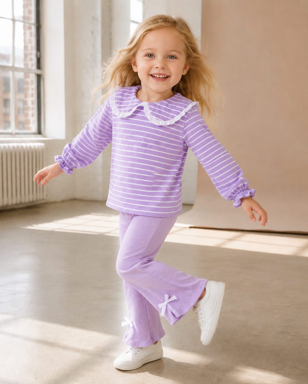 Striped Peter Pan Collar Top & Flared Pants Set