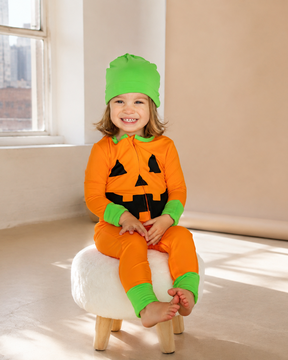 Orange toddler pumpkin pajama costume with black jack-o’-lantern face and green hat, modeled front view