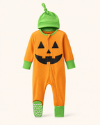 Orange baby pumpkin bamboo pajama costume with green knotted hat and grippy feet, front product view