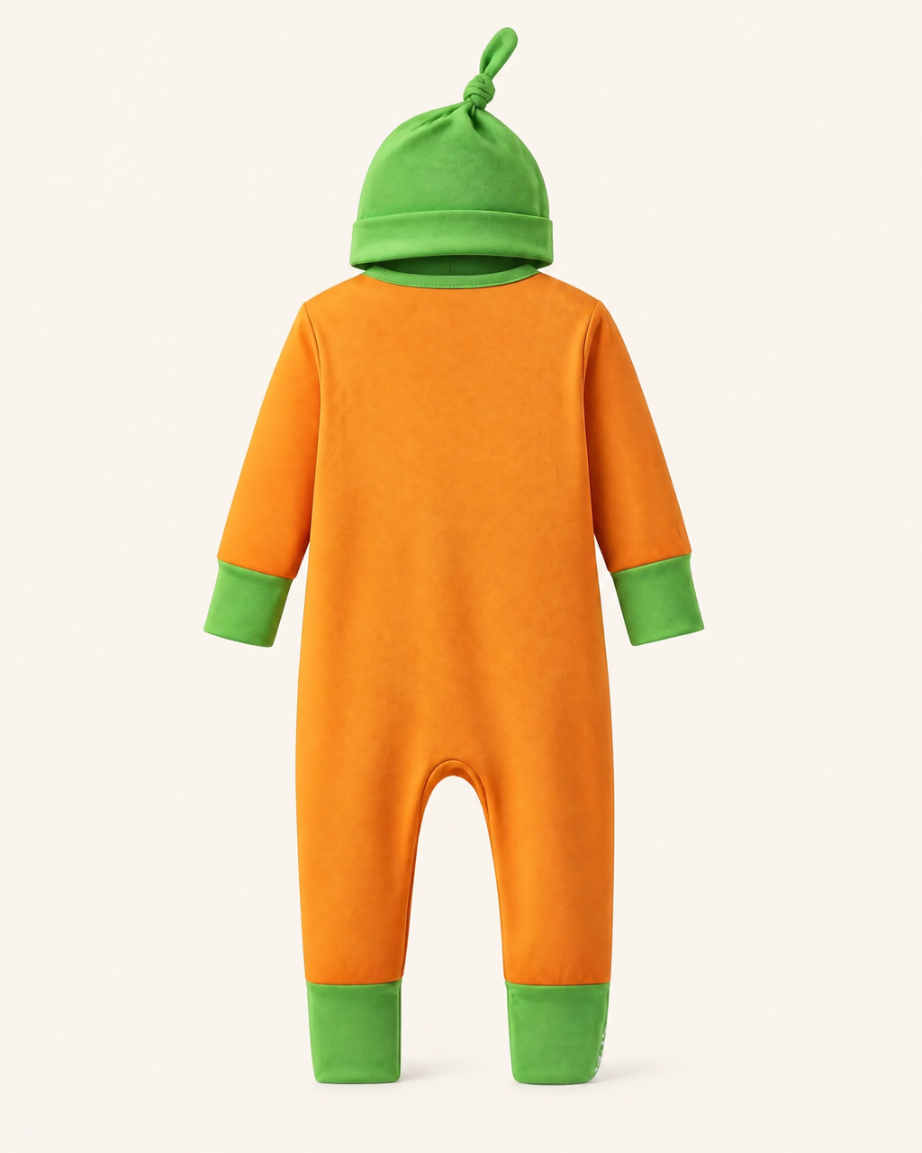Orange baby pumpkin pajama costume with green hat wrist cuffs and ankle cuffs, back product view