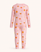 Pink kids Pumpkin Spice bamboo pajama set with matching long sleeve top and pants, back product view