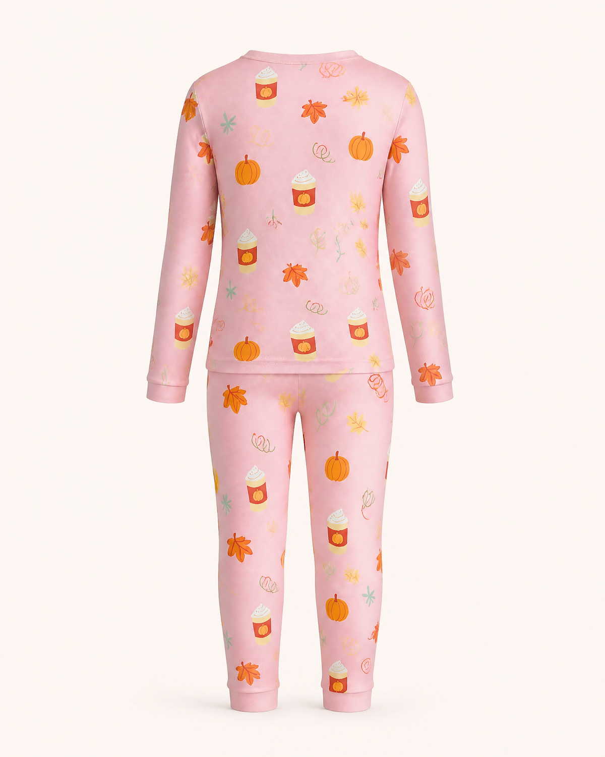 Pink kids Pumpkin Spice bamboo pajama set with matching long sleeve top and pants, back product view