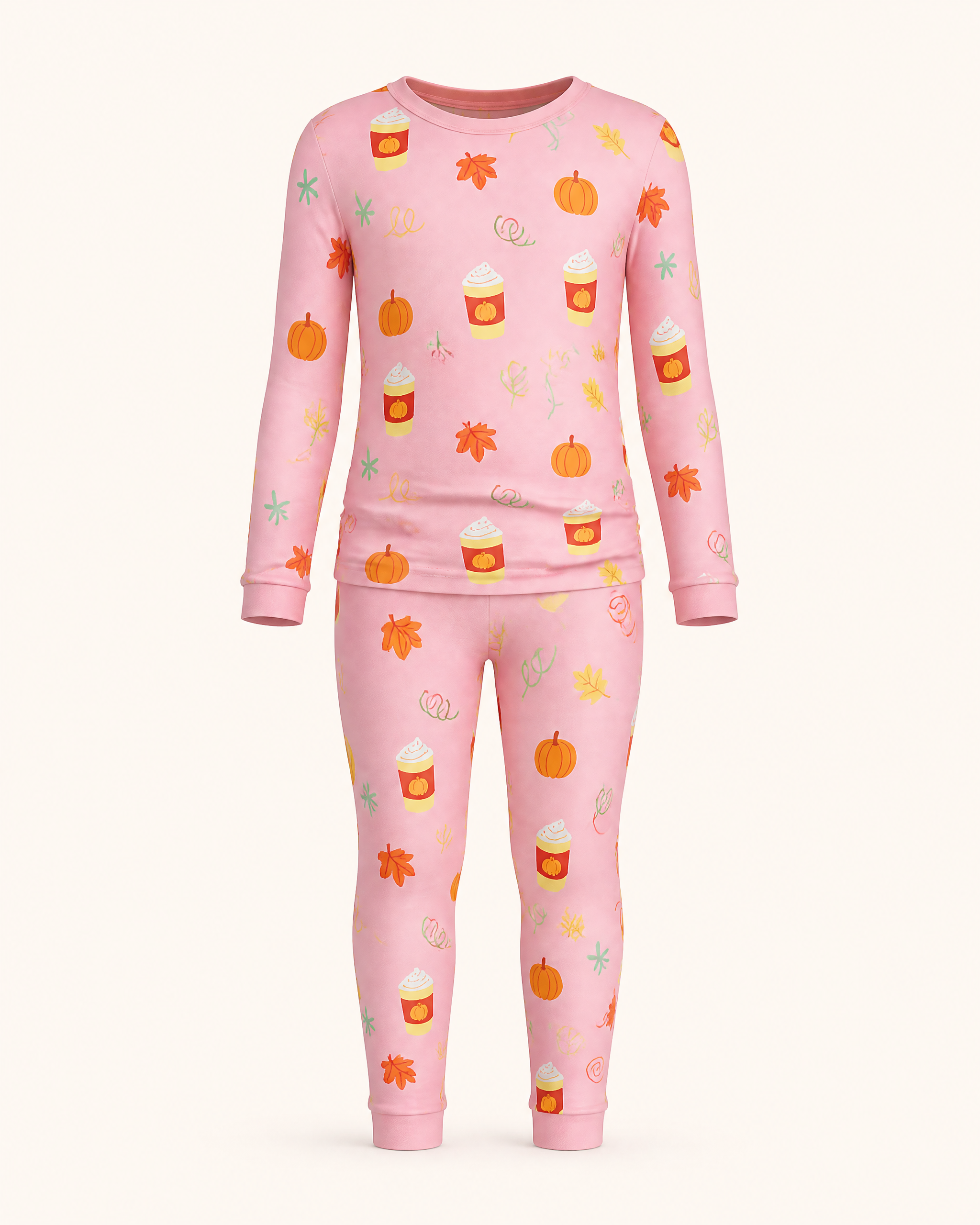 Pink kids bamboo pajama set with pumpkin and fall print, long sleeve top and matching pants, front product view
