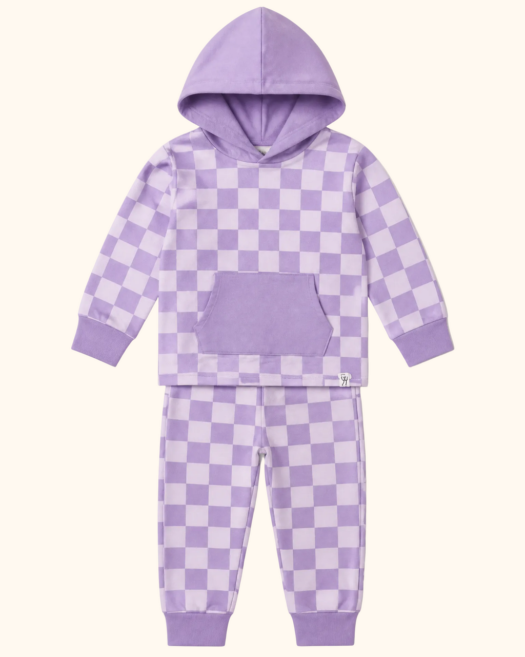 Purple checkerboard hoodie and matching jogger pants with solid cuffs, front product view