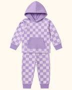 Purple checkerboard hoodie and matching jogger pants with solid cuffs, front product view