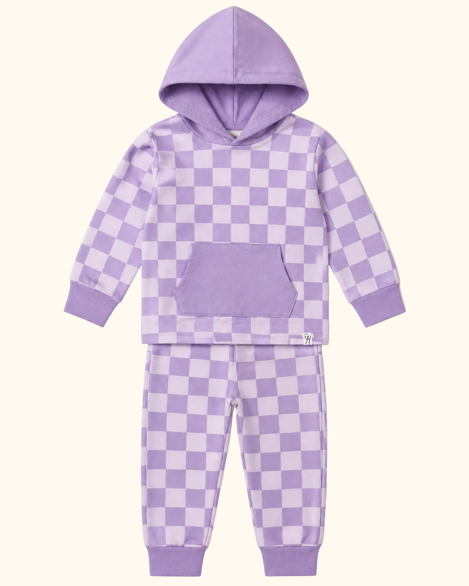 Purple checkerboard hoodie and matching jogger pants with solid cuffs, front product view