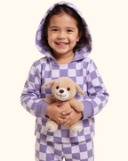 Purple checkerboard kids hooded jogger set with solid purple trim, modeled front view