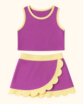 Purple kids active tank and skort set with pale yellow scalloped trim, front product view