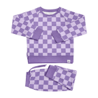 Purple Haze checker crew neck top and matching kids jogger pants, flat lay front view