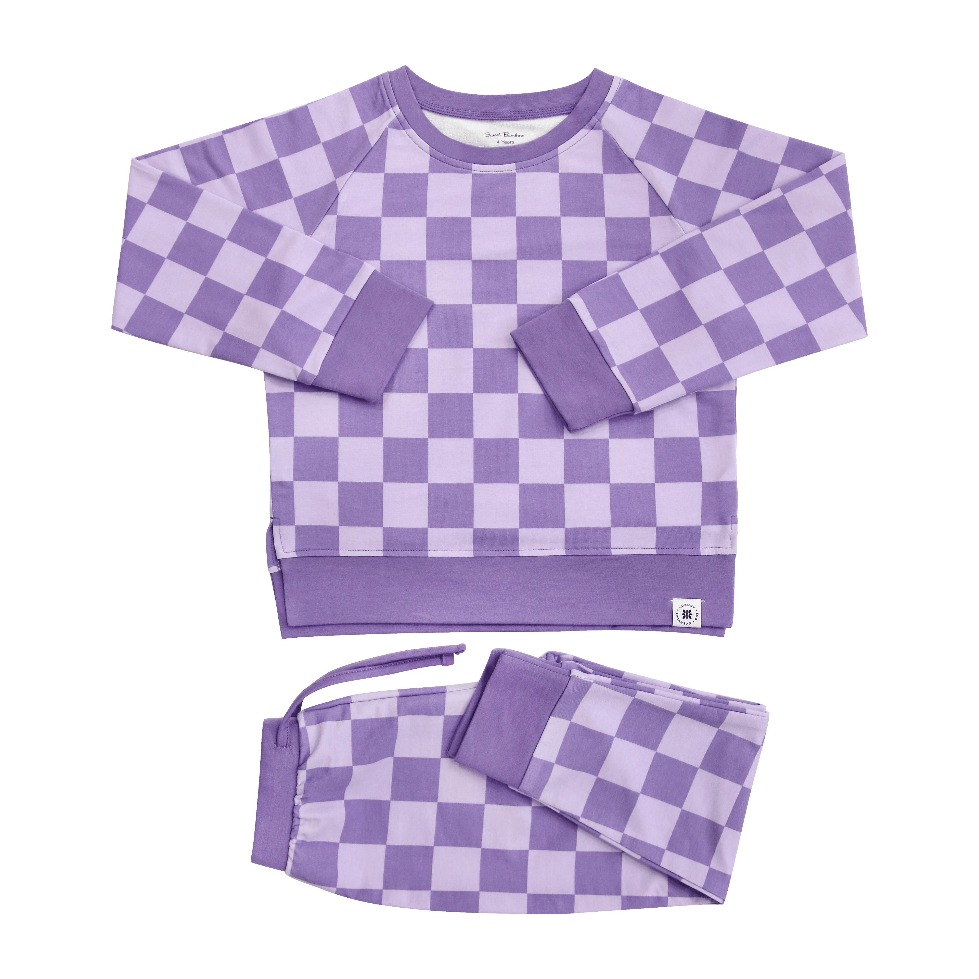 Purple Haze checker crew neck top and matching kids jogger pants, flat lay front view