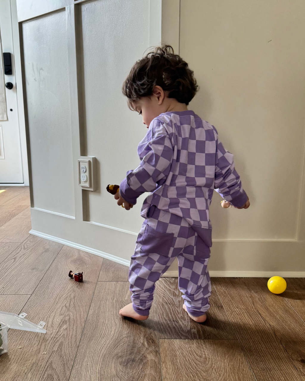 Purple Haze checker kids crew neck jogger set with matching pants, back lifestyle view