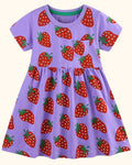 Purple kids strawberry print short sleeve dress with chest pocket and gathered waist, front product view