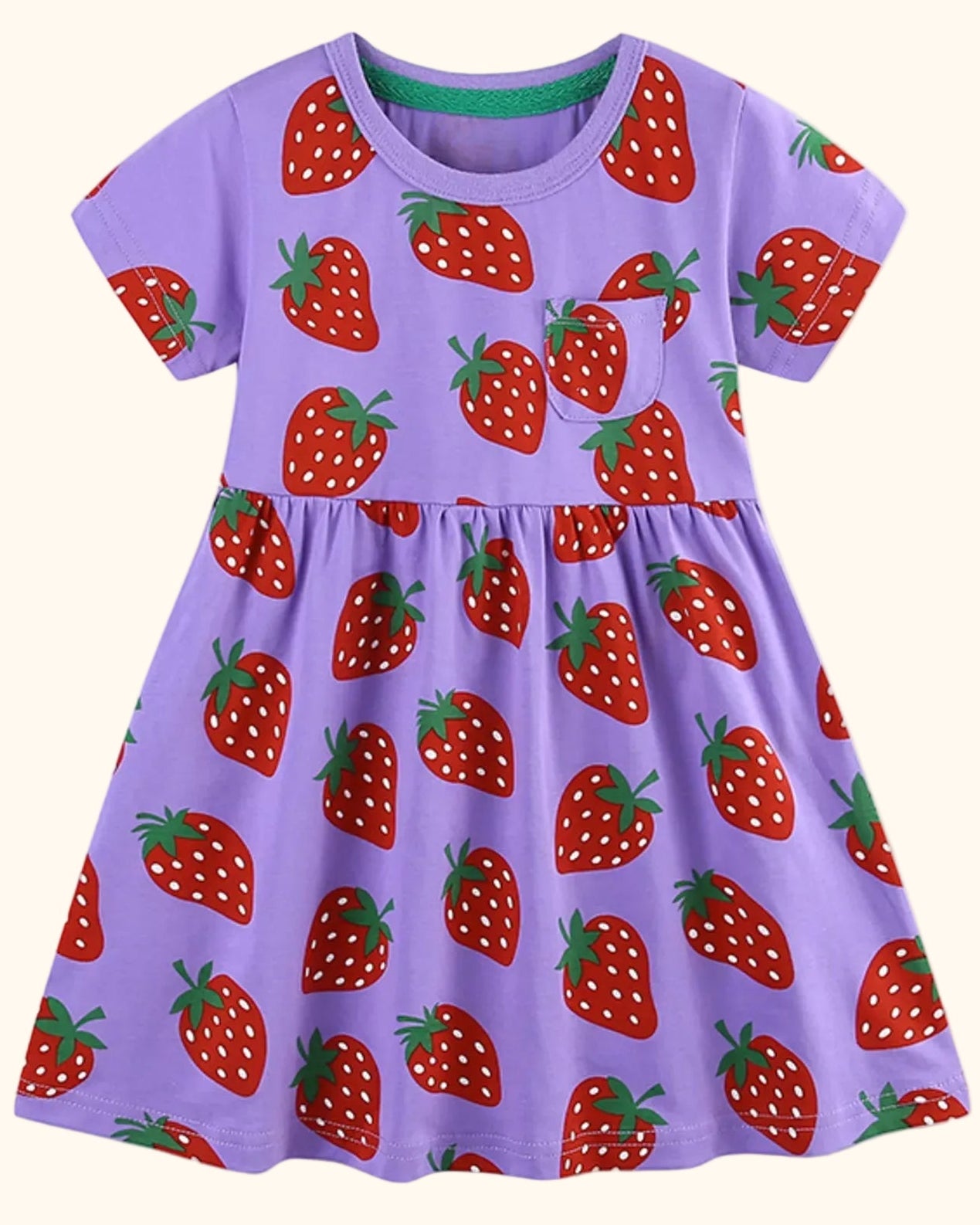Purple kids strawberry print short sleeve dress with chest pocket and gathered waist, front product view