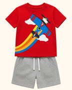 Red kids airplane graphic T-shirt and heather gray shorts set, front product view