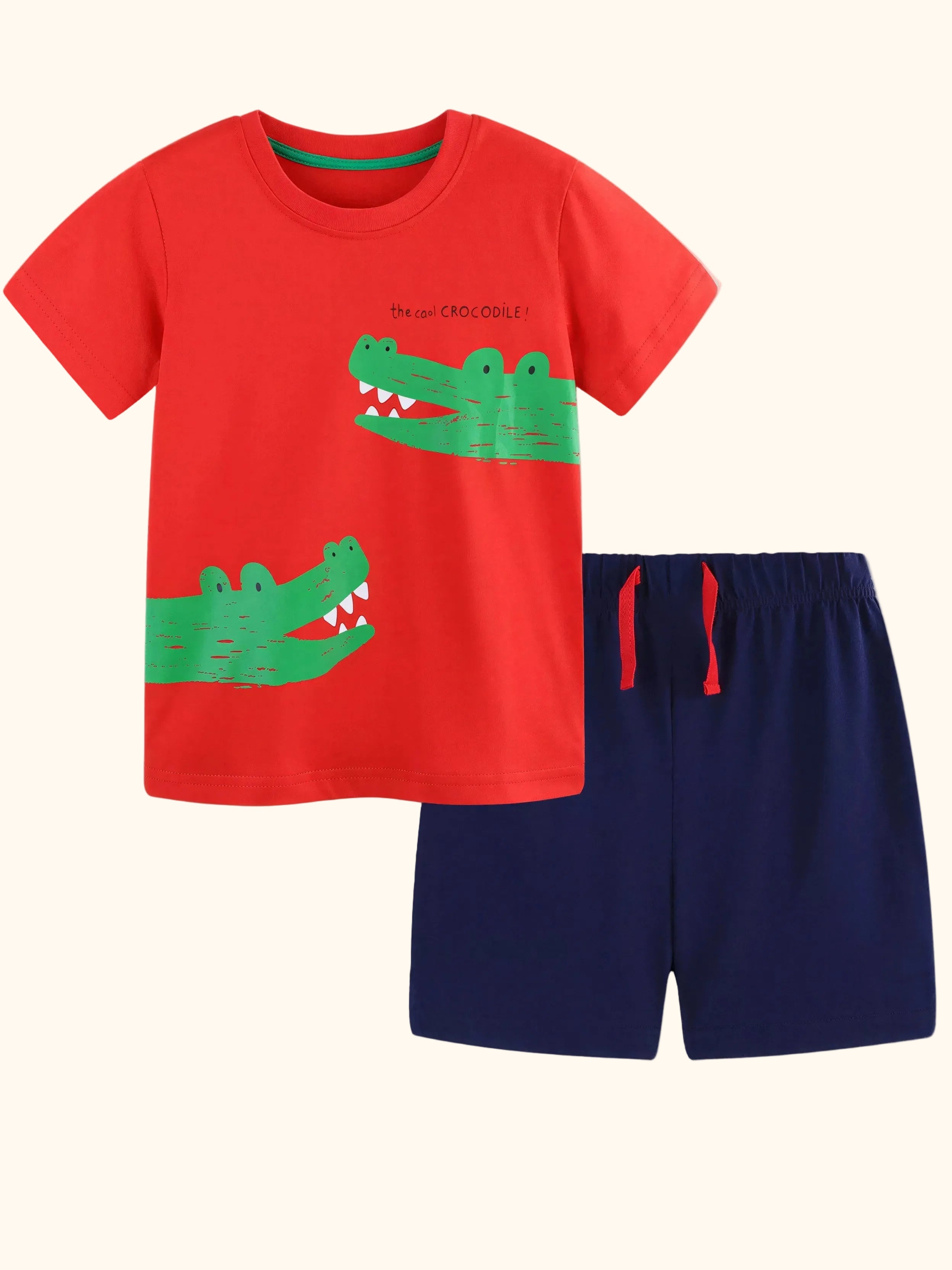 Red kids crocodile graphic T-shirt and navy shorts set, front product view