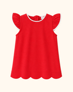 Red kids flutter-sleeve top with white contrast trim and scalloped hem, front product view