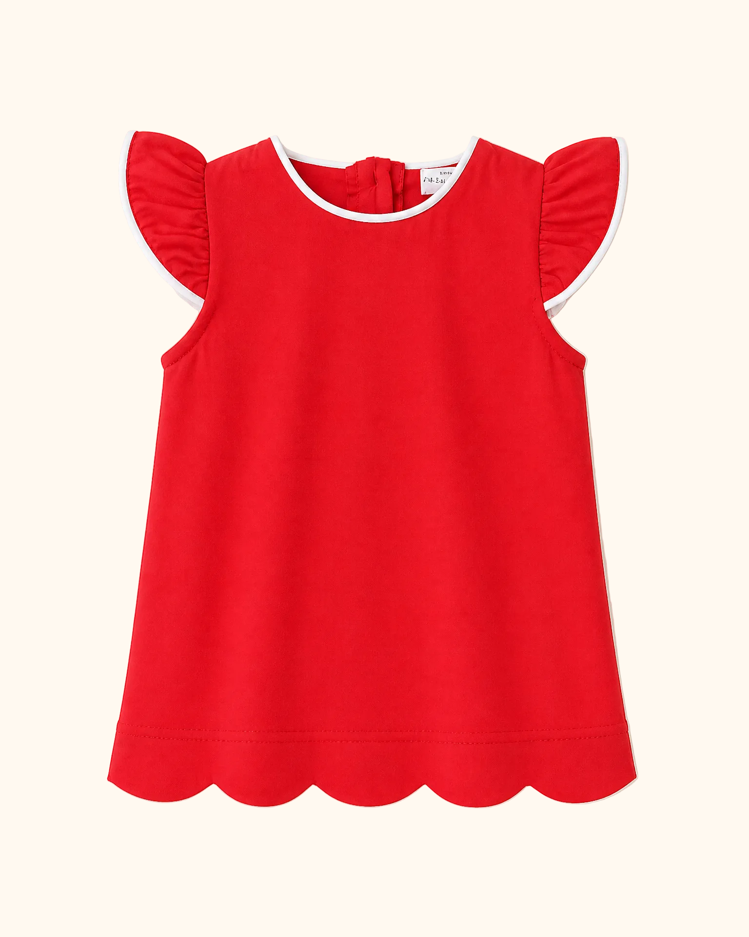 Red kids flutter-sleeve top with white contrast trim and scalloped hem, front product view
