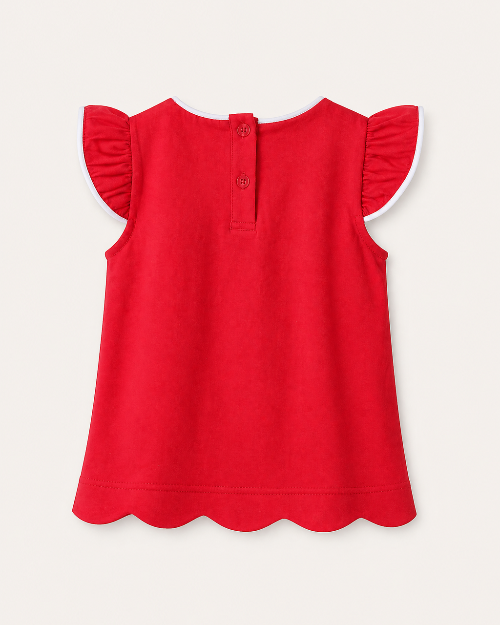 Red kids flutter-sleeve top with two-button back opening and scalloped hem, rear product view