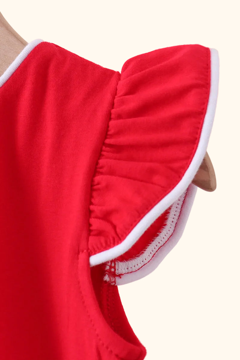 Red kids flutter sleeve with white contrast edging, close-up detail view