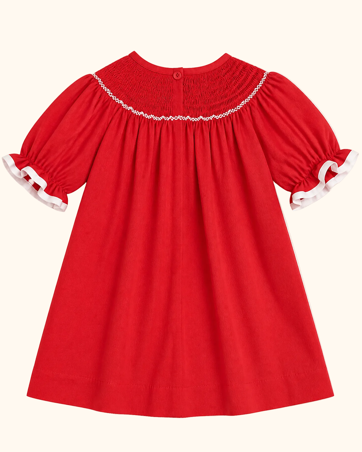 Red peppermint hand-smocked puff sleeve dress with gathered skirt, back product view