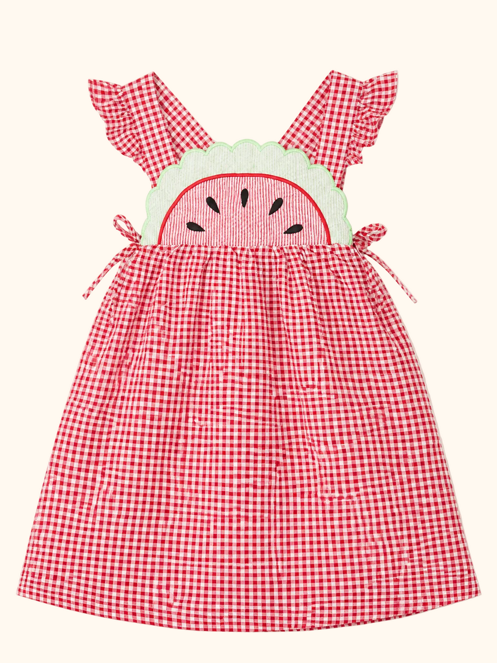 Red gingham kids dress with watermelon appliqué and ruffled straps, front product view
