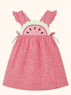 Red gingham kids dress with watermelon appliqué and ruffled straps, front product view