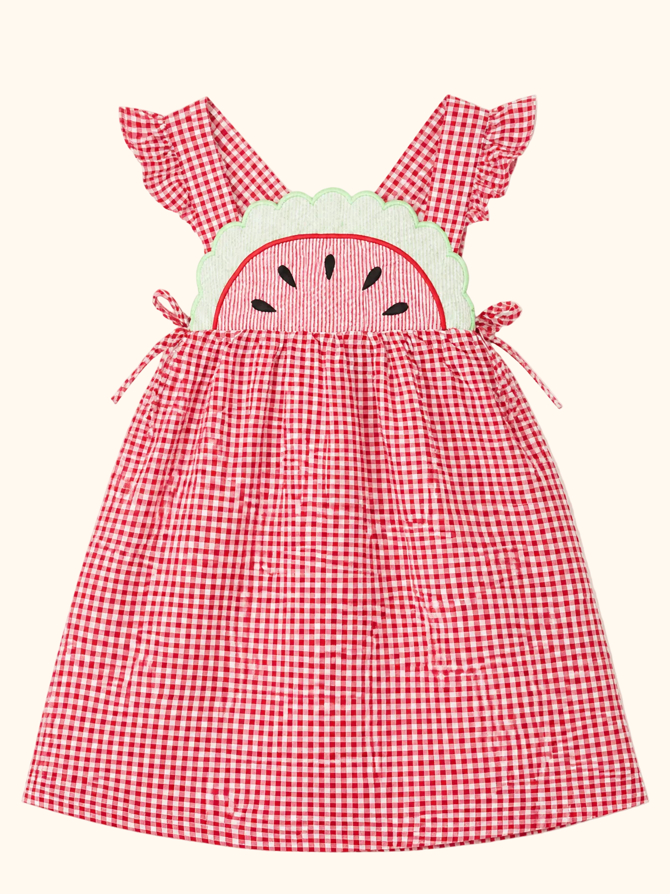 Red gingham kids dress with watermelon appliqué and ruffled straps, front product view