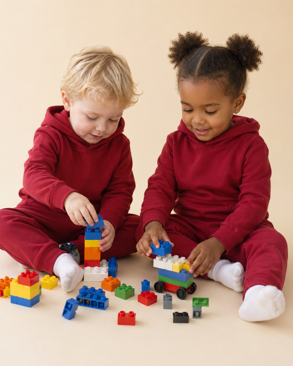 Rhubarb red kids hooded jogger set with matching pants, seated play lifestyle view