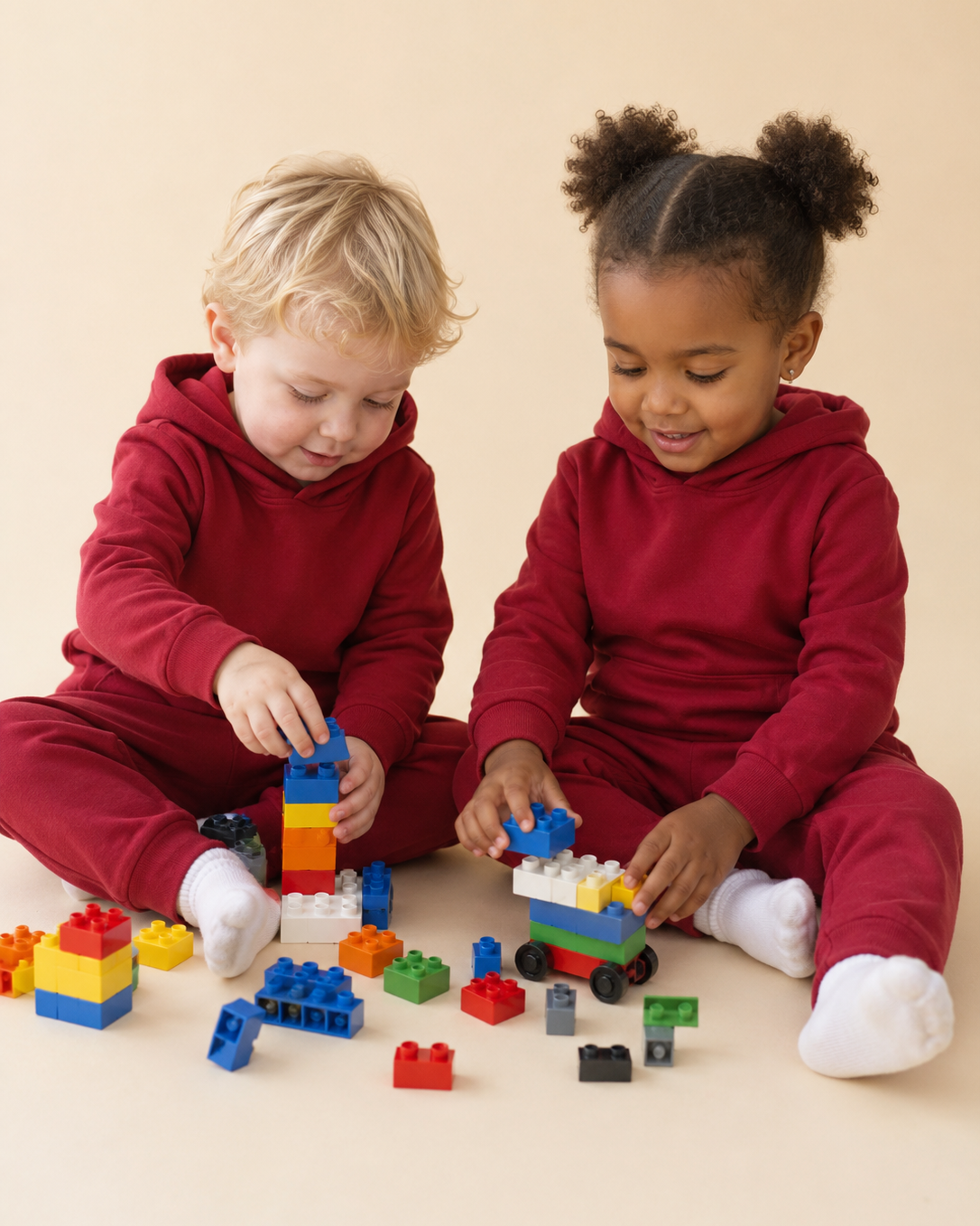 Rhubarb red kids hooded jogger set with matching pants, seated play lifestyle view