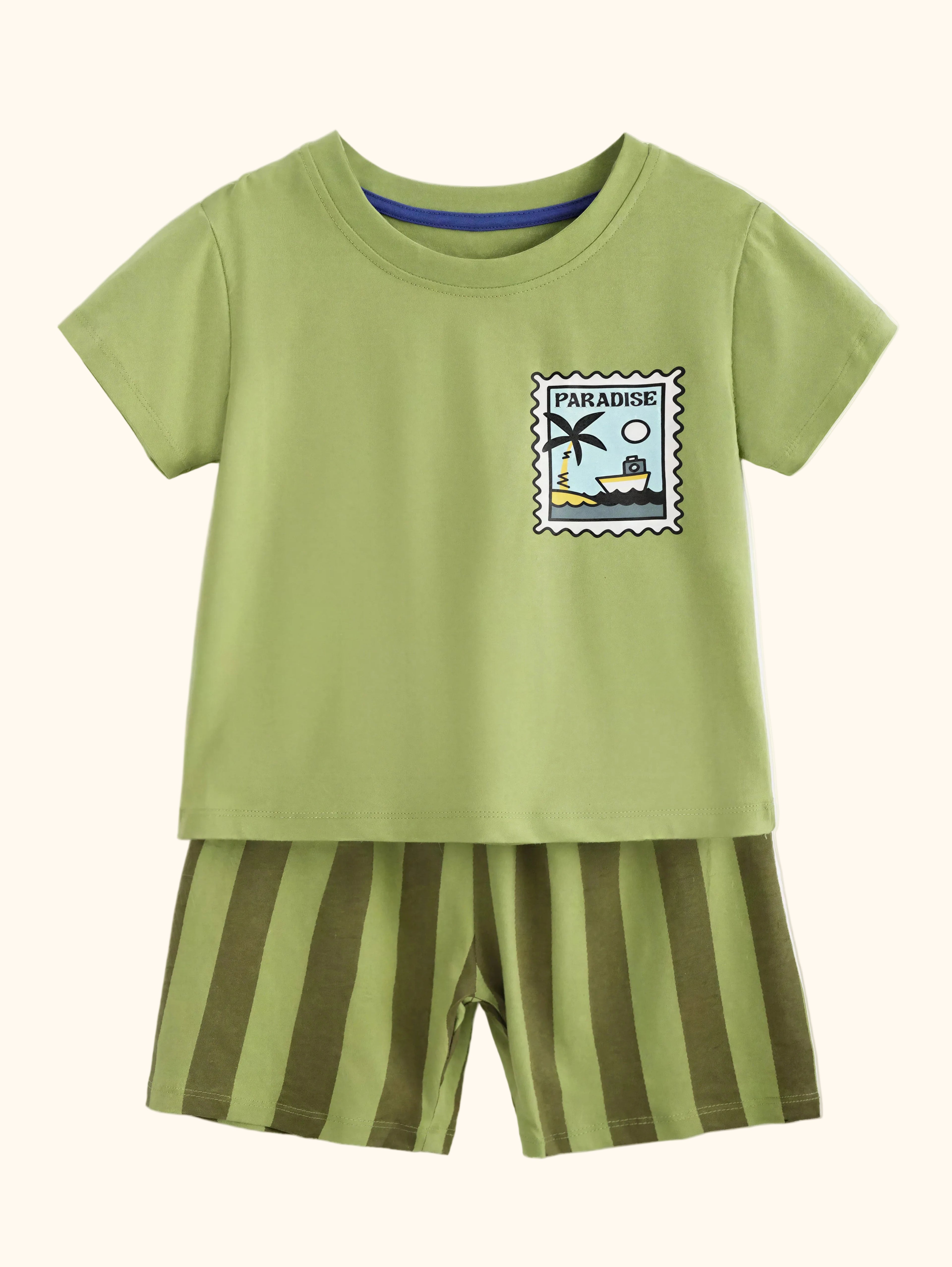 Round Neck Tee & Striped Shorts Set