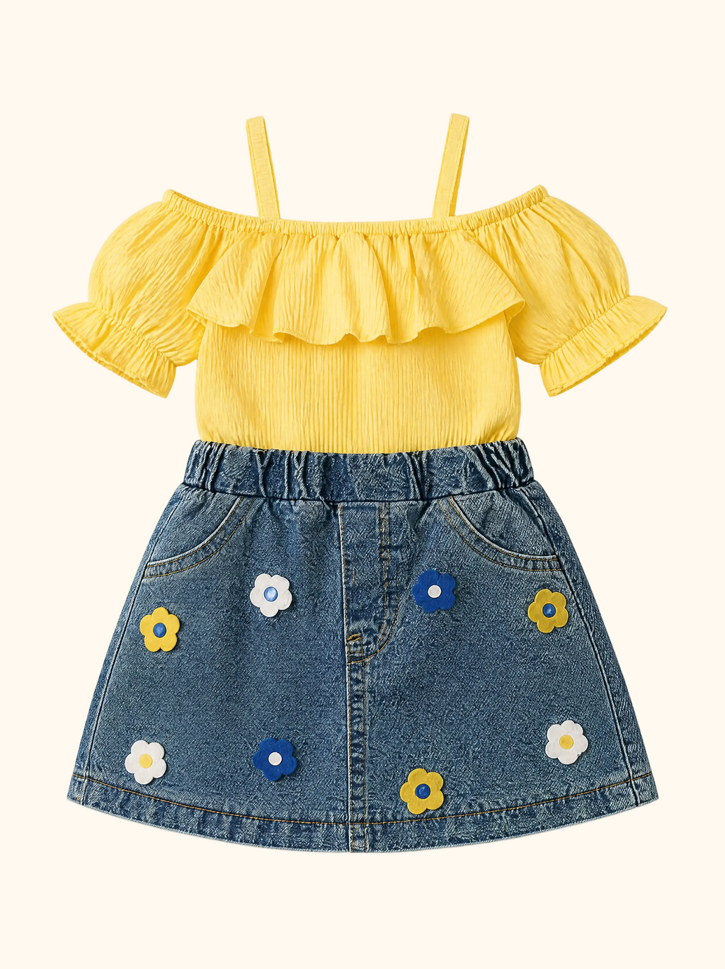 Ruffle Top and Floral Denim Skirt Set